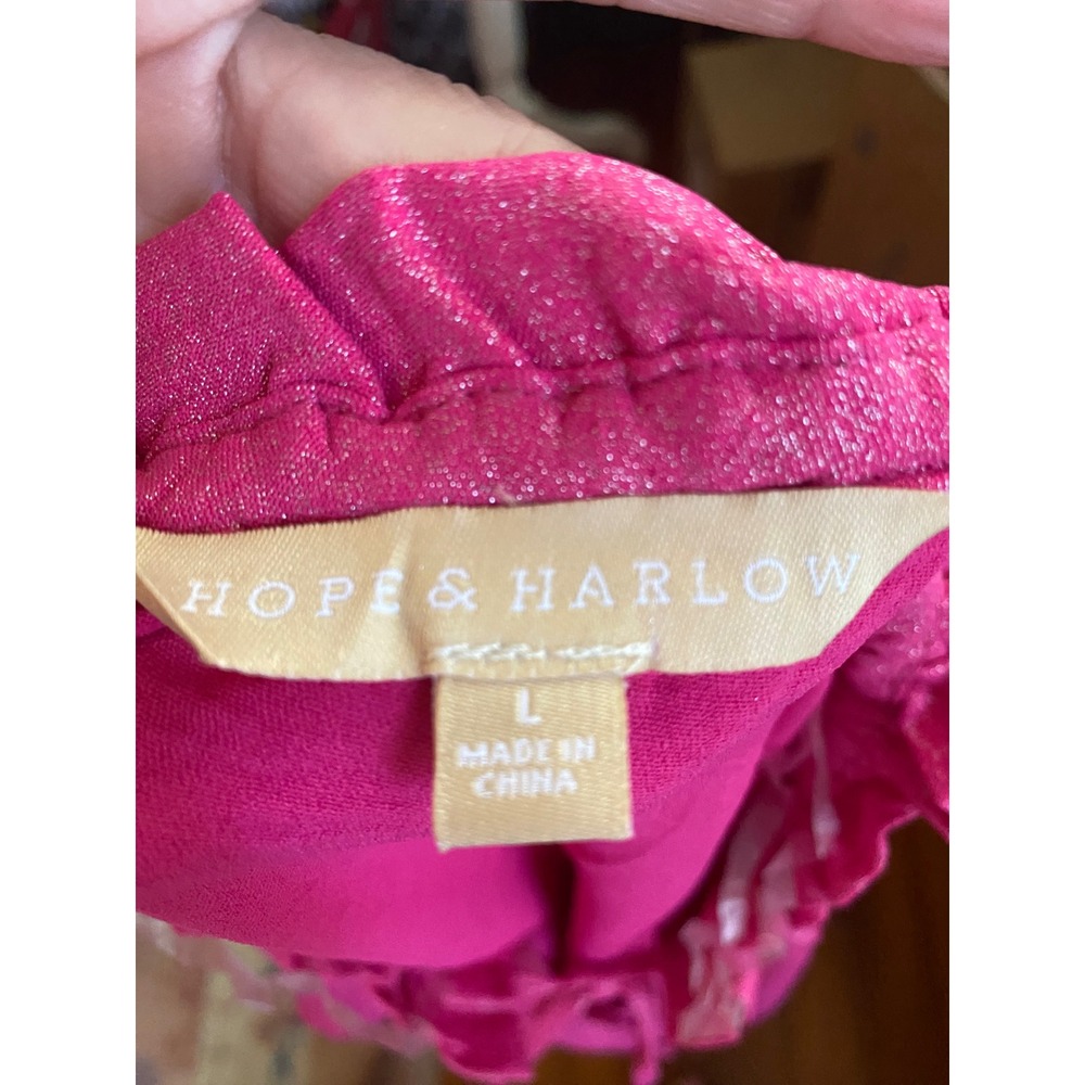 Hope & Harlow Magenta Silver Metallic Ruffle Tie Neck Blouse Large NWT - Picture 8 of 8